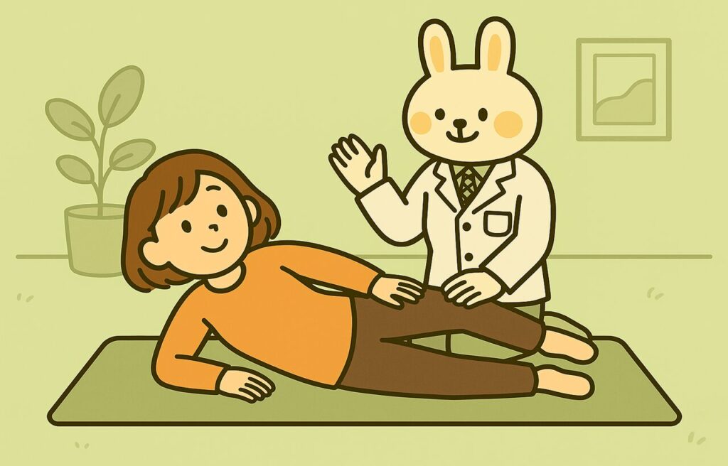 ピラティス指導中のみどりんとすずちゃんのイラスト。マットの上で横向き姿勢のすずちゃんに対し、白衣姿のみどりんがやさしく声をかけながら動きをサポートしている様子。背景は落ち着いた室内で、穏やかな雰囲気が伝わる。